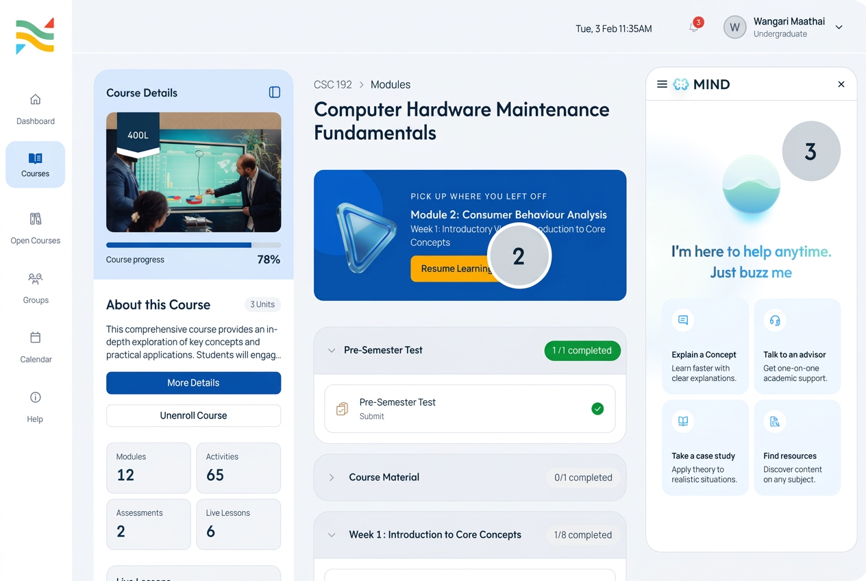 Nia Campus learning space with course menu, resume lesson and MIND assistant