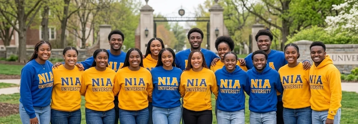 Nia students in university sweatshirts