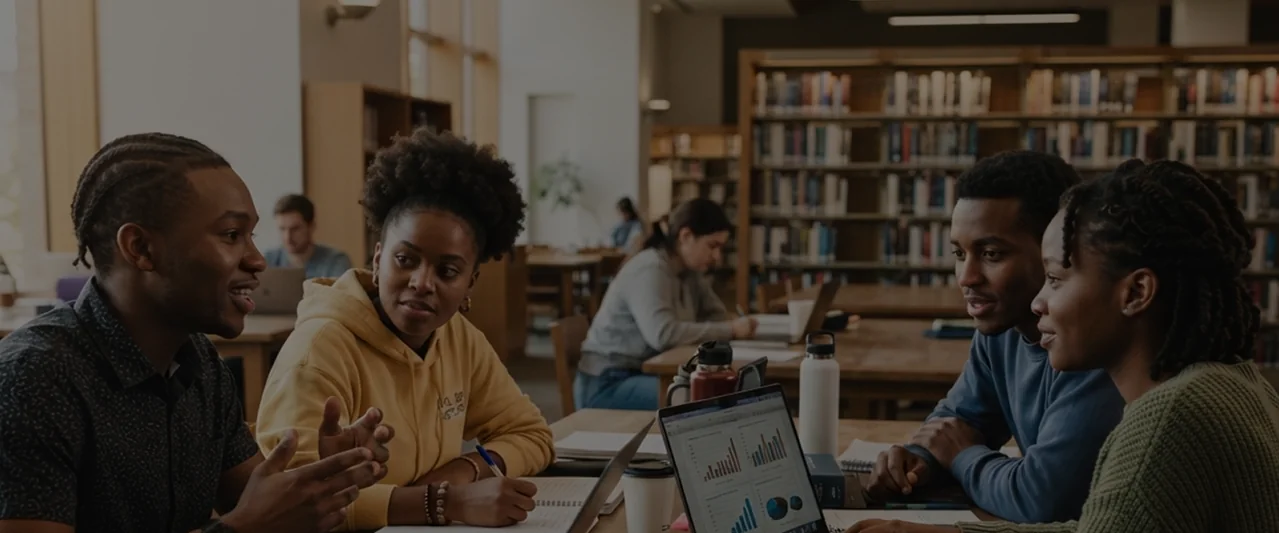 Students talking around a table in the Nia library