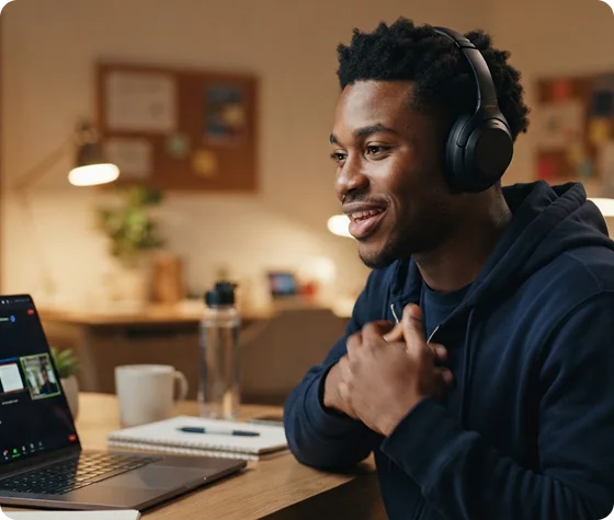 Student with headphones in a live online class