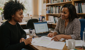 An admissions advisor helping a student with her application