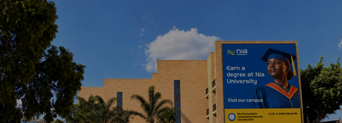 Nia University campus building with a billboard inviting students to earn a degree